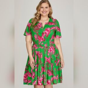 She and Sky Green and Pink Floral Midi Dress